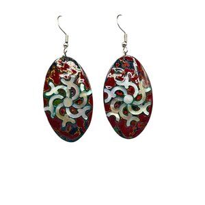 Coconut Shell Earrings Abalone Inlay Colorful Red Dangles Pierced Drops